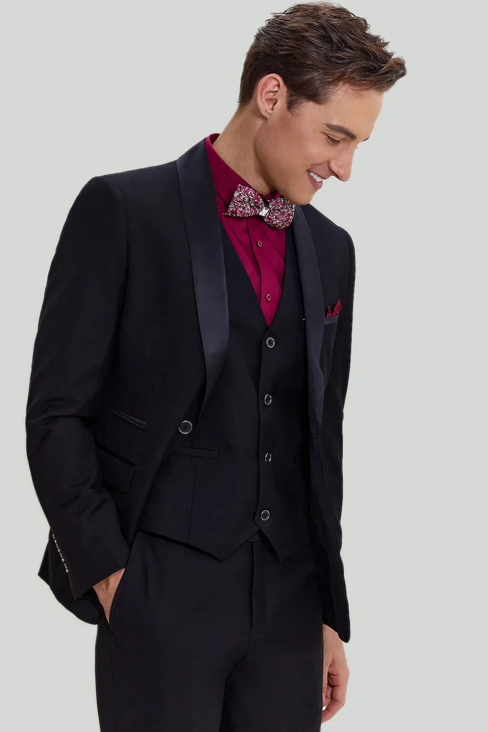 Terno de lapela masculino preto de 3 peças slim fit