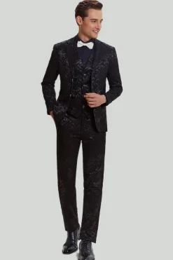 Terno masculino jacquard jaqueta preto 3 peças