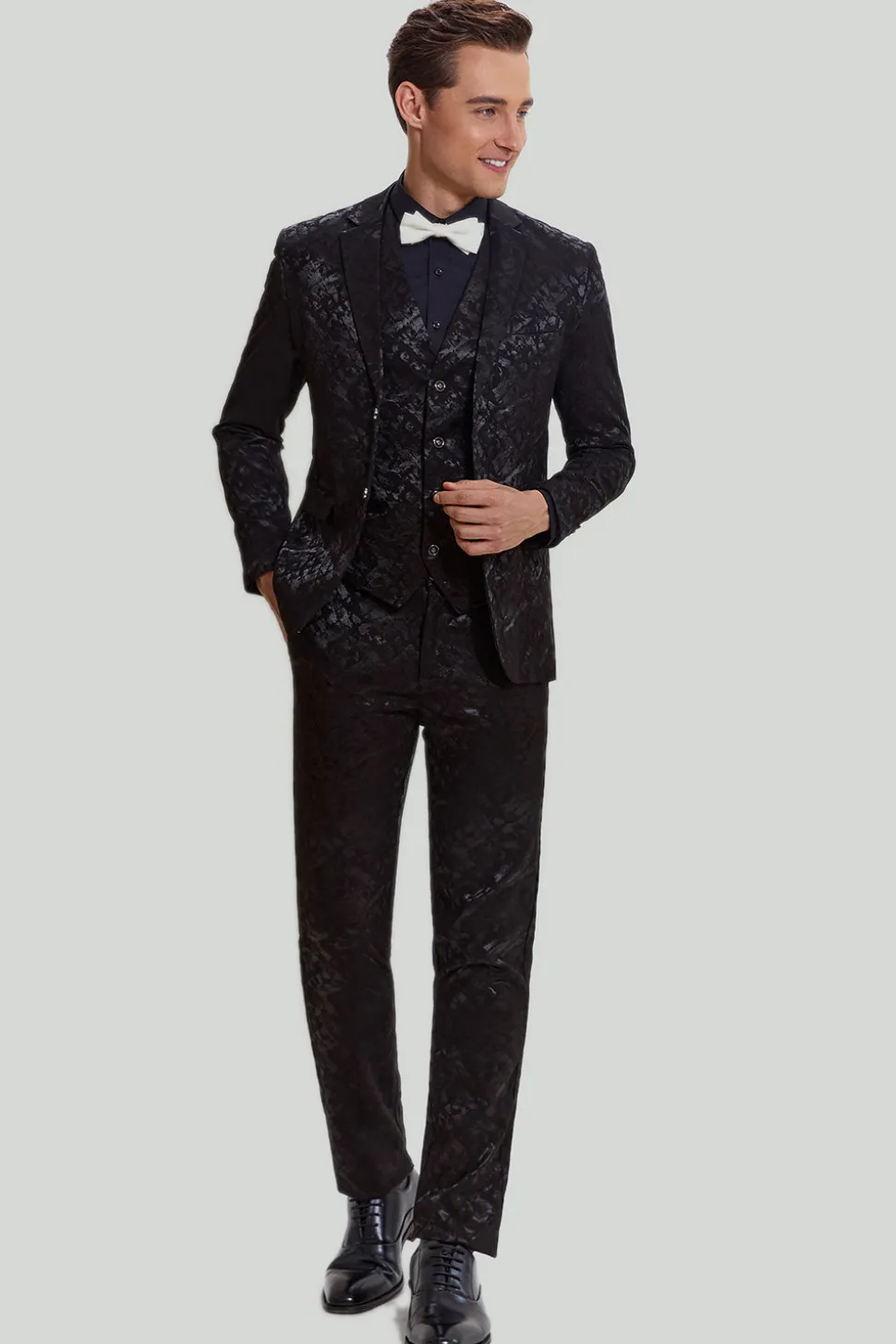 Terno masculino jacquard jaqueta preto 3 peças