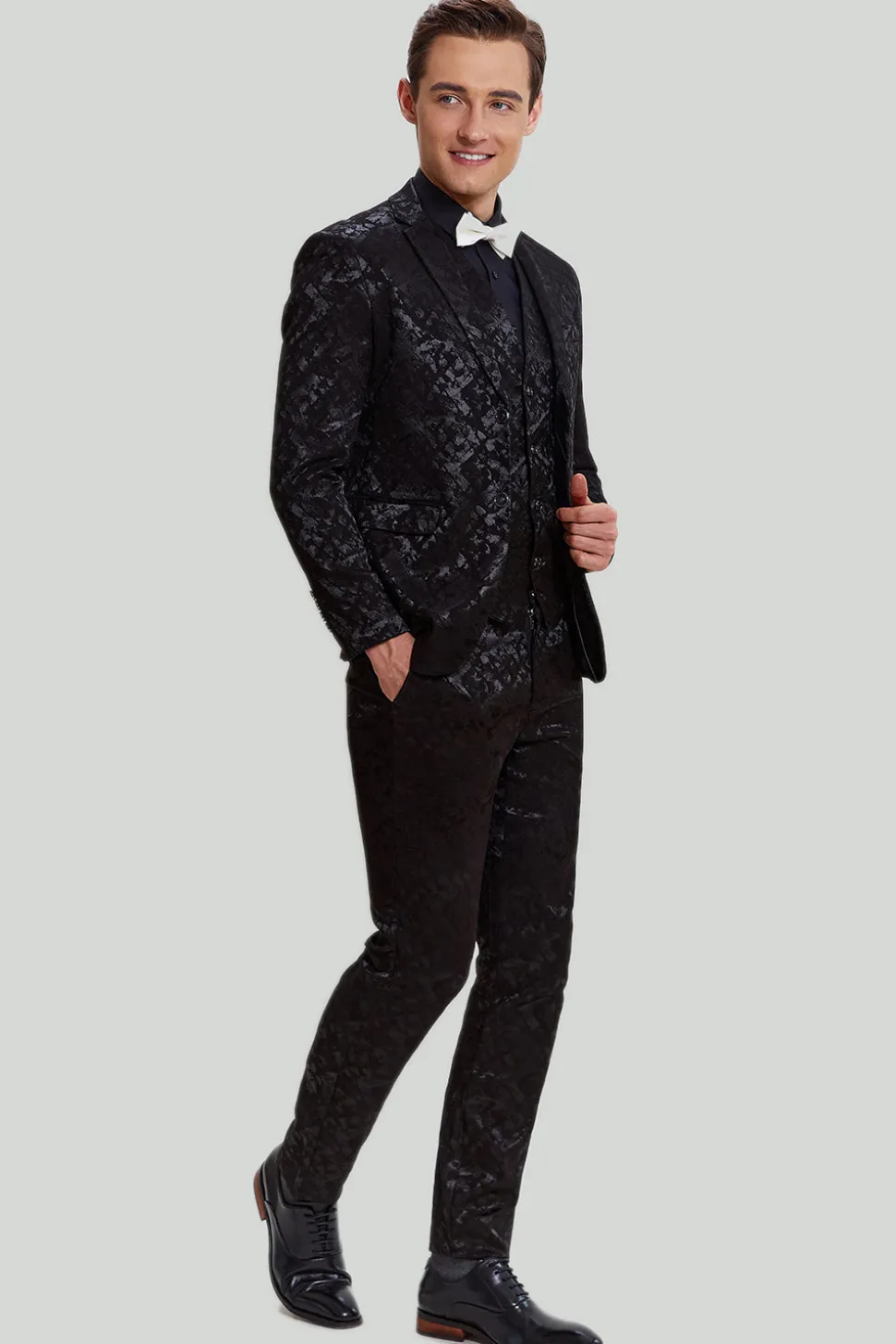 Terno masculino jacquard jaqueta preto 3 peças