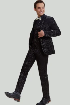 Terno masculino jacquard jaqueta preto 3 peças