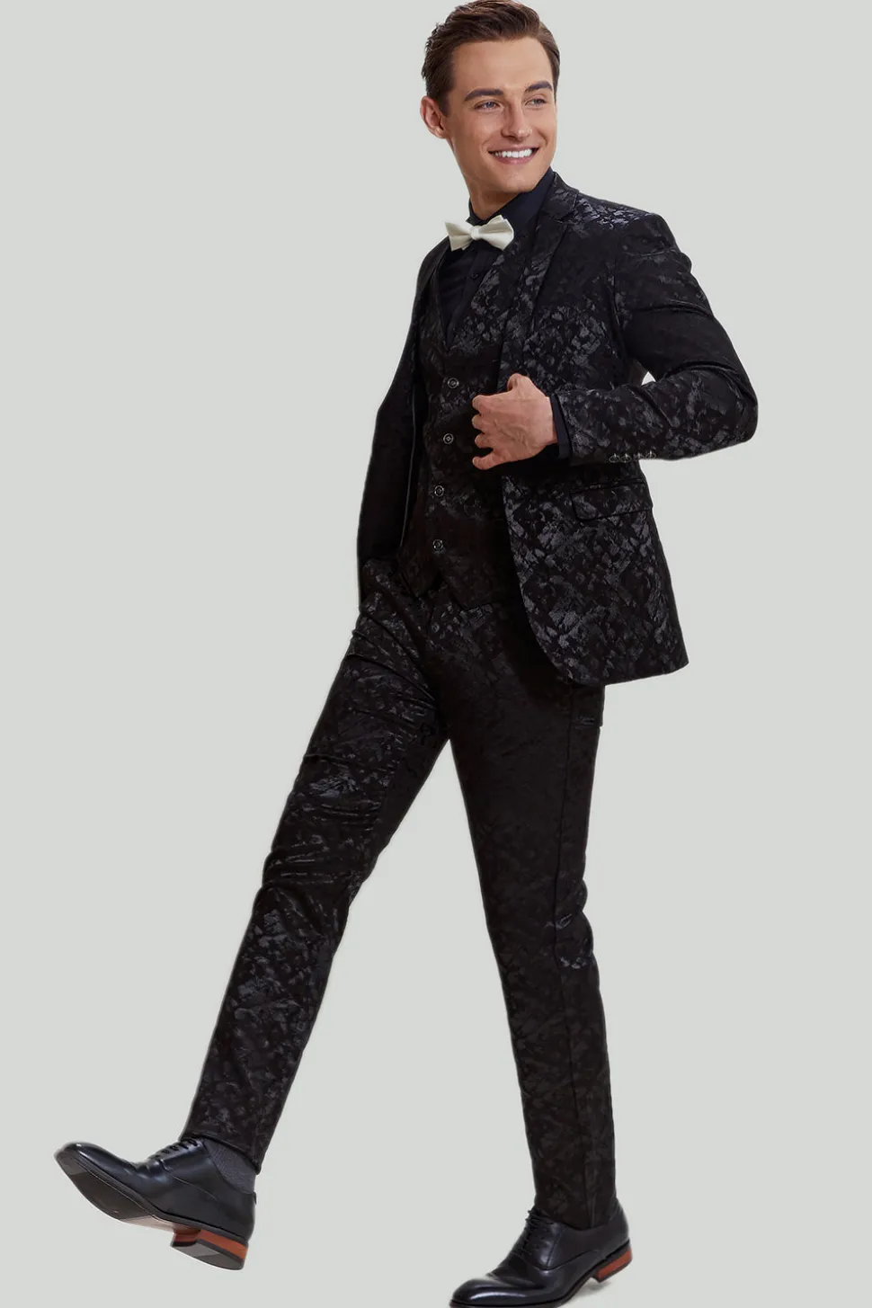 Terno masculino jacquard jaqueta preto 3 peças