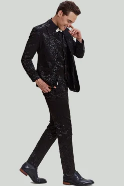 Terno masculino jacquard jaqueta preto 3 peças