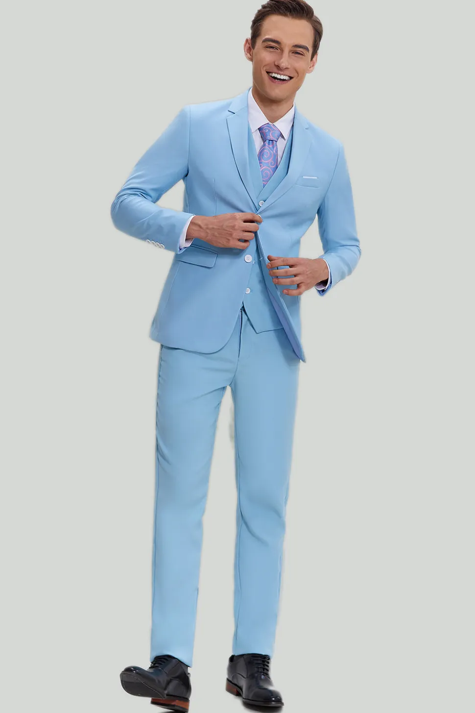 Terno moderno masculino lapela entalhada azul 3 peças