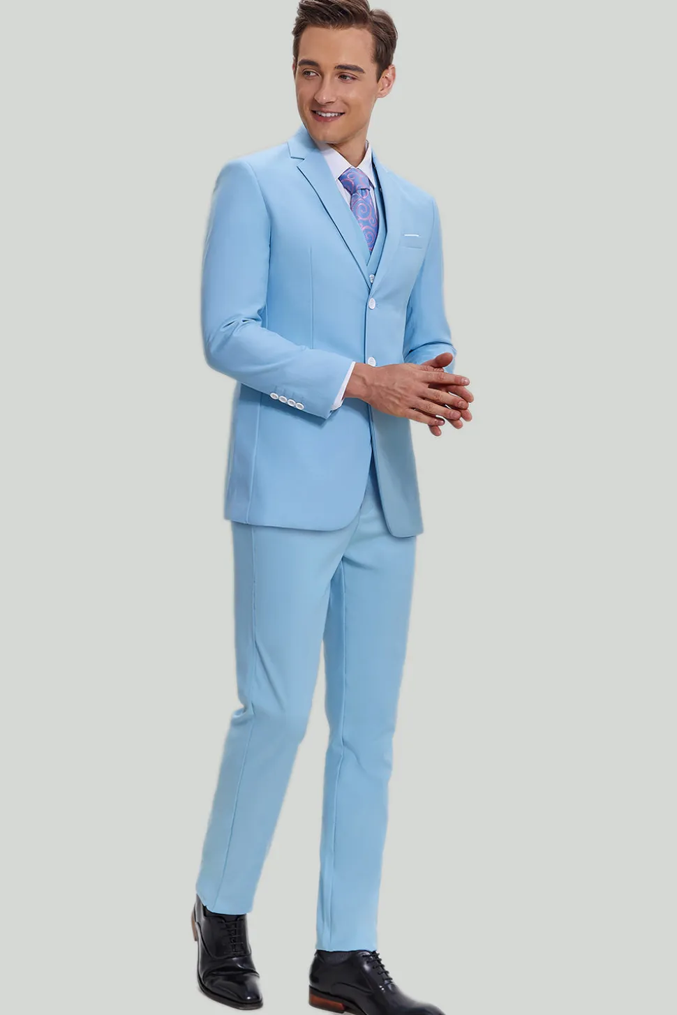 Terno moderno masculino lapela entalhada azul 3 peças