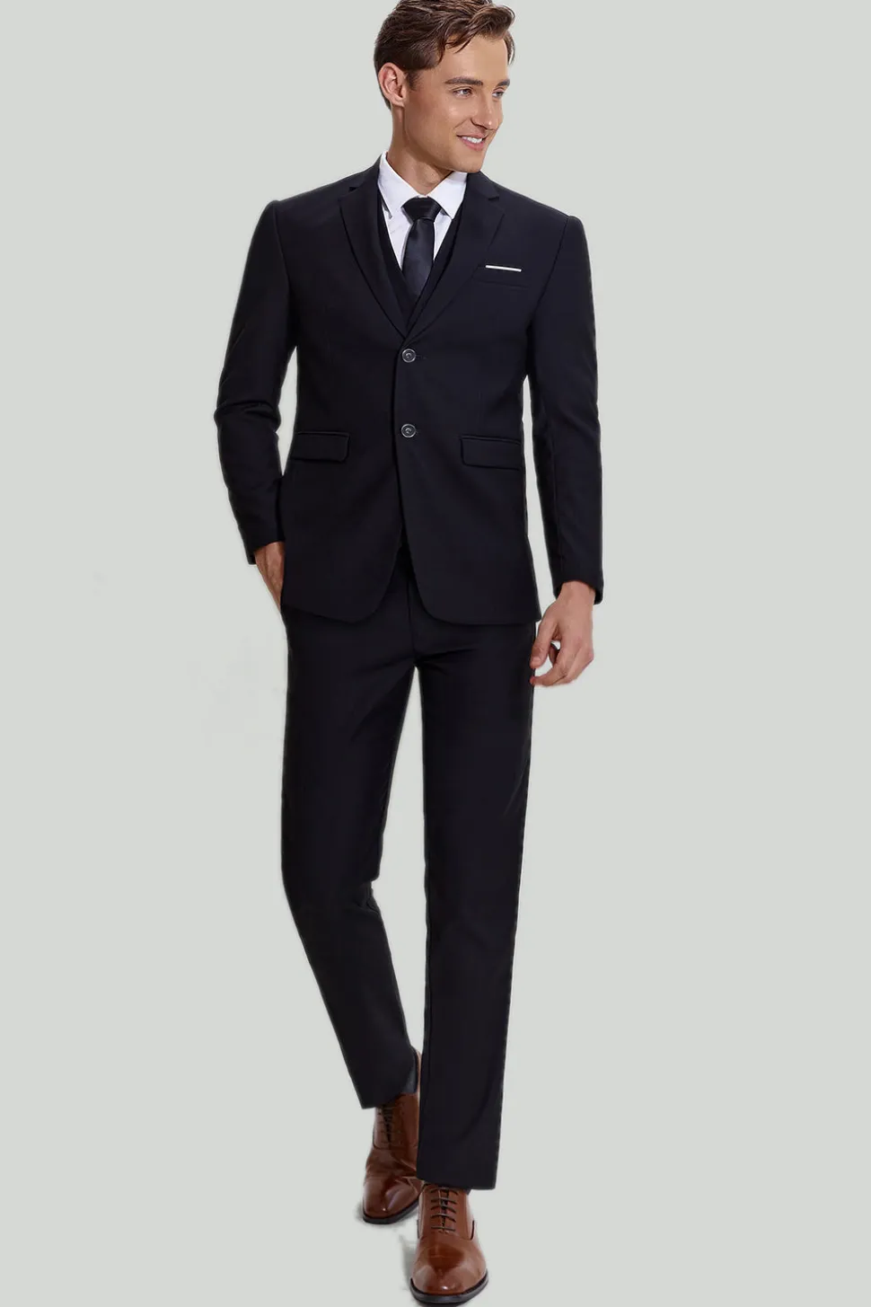 Terno preto de três peças para homens com lapela notched