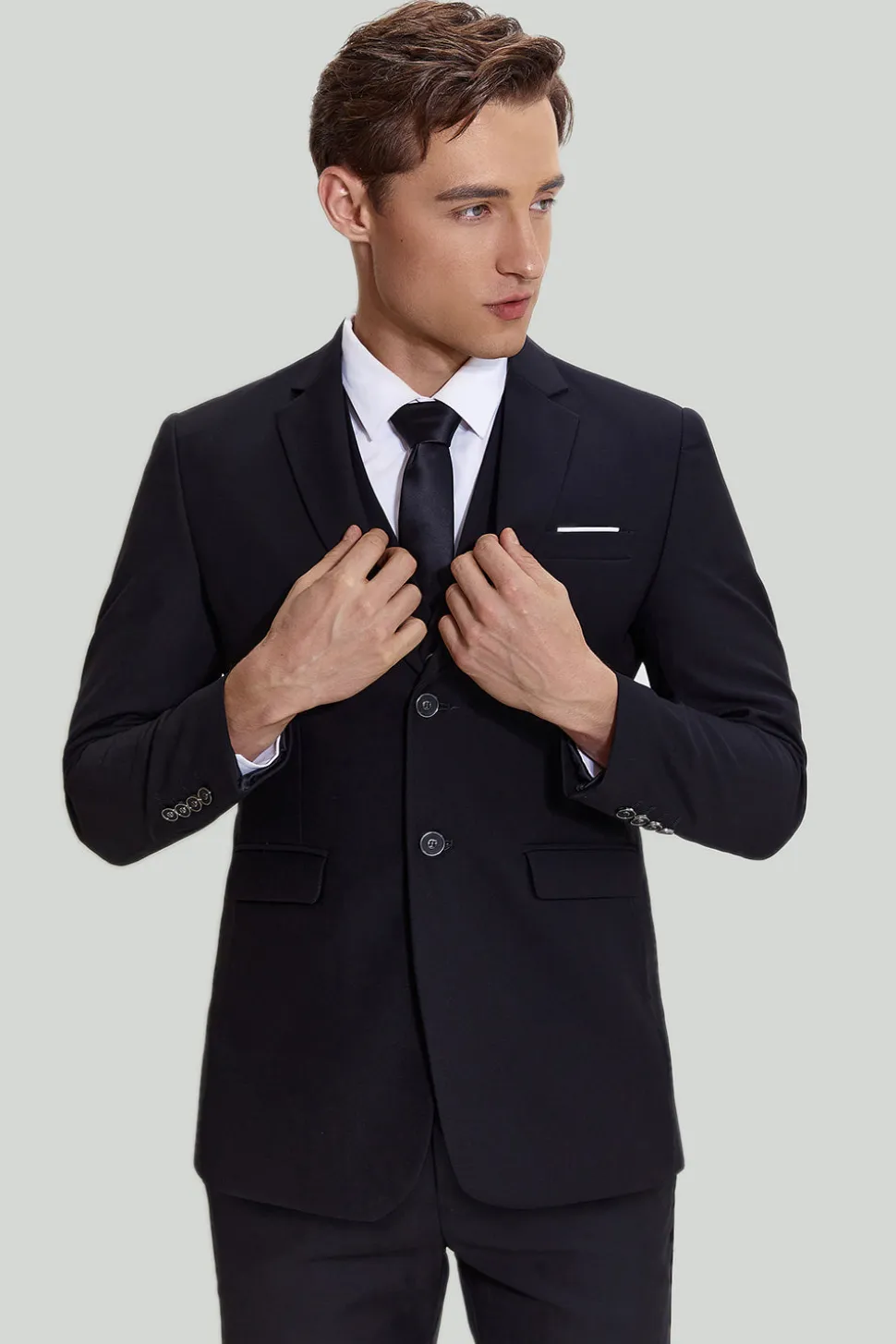 Terno preto de três peças para homens com lapela notched