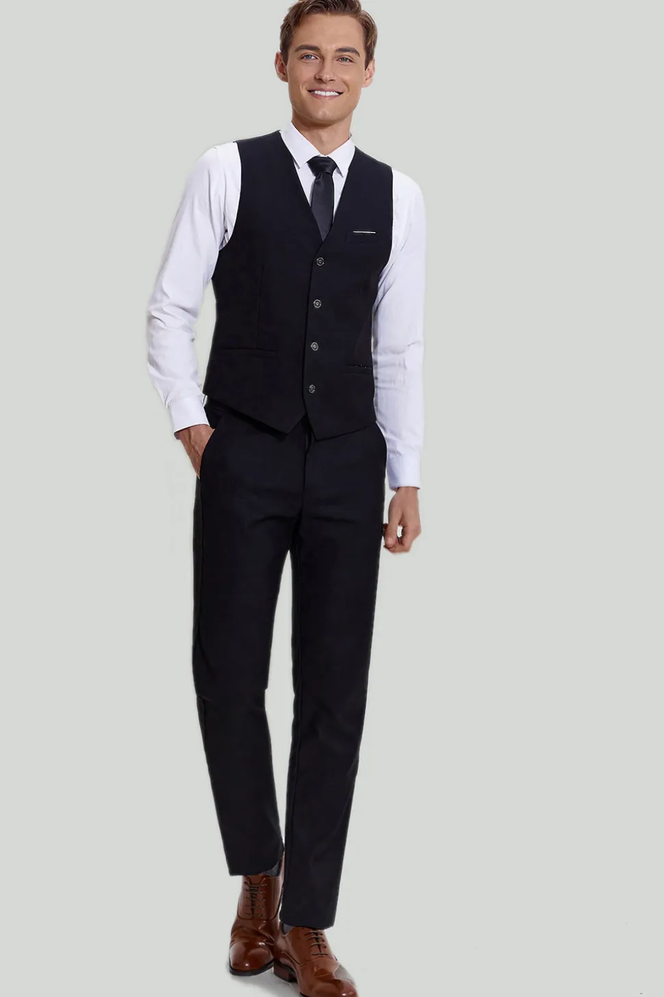 Terno preto de três peças para homens com lapela notched