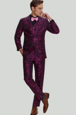 Ternos de formatura masculinos jacquard fúcsia floral 3 peças