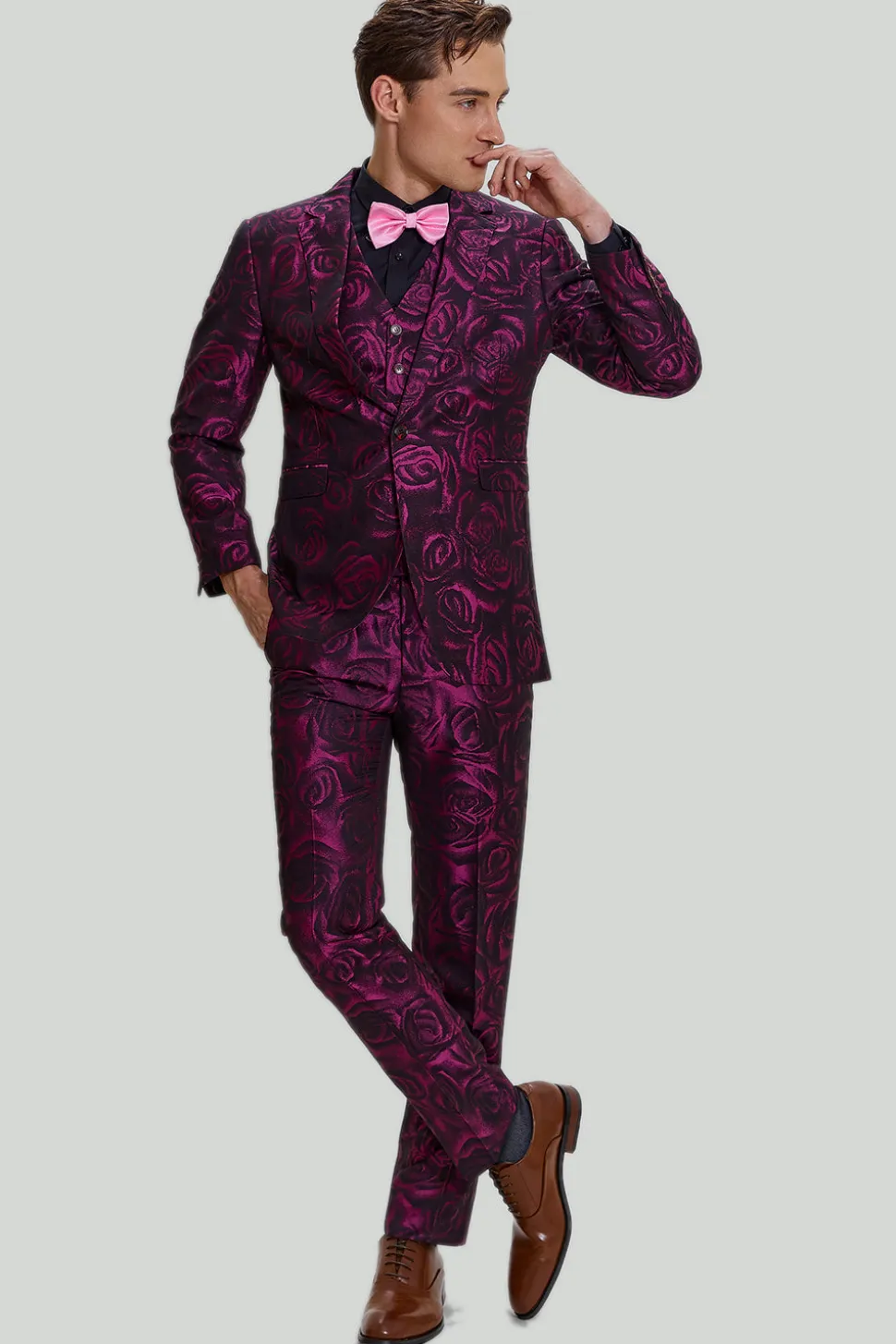 Ternos de formatura masculinos jacquard fúcsia floral 3 peças