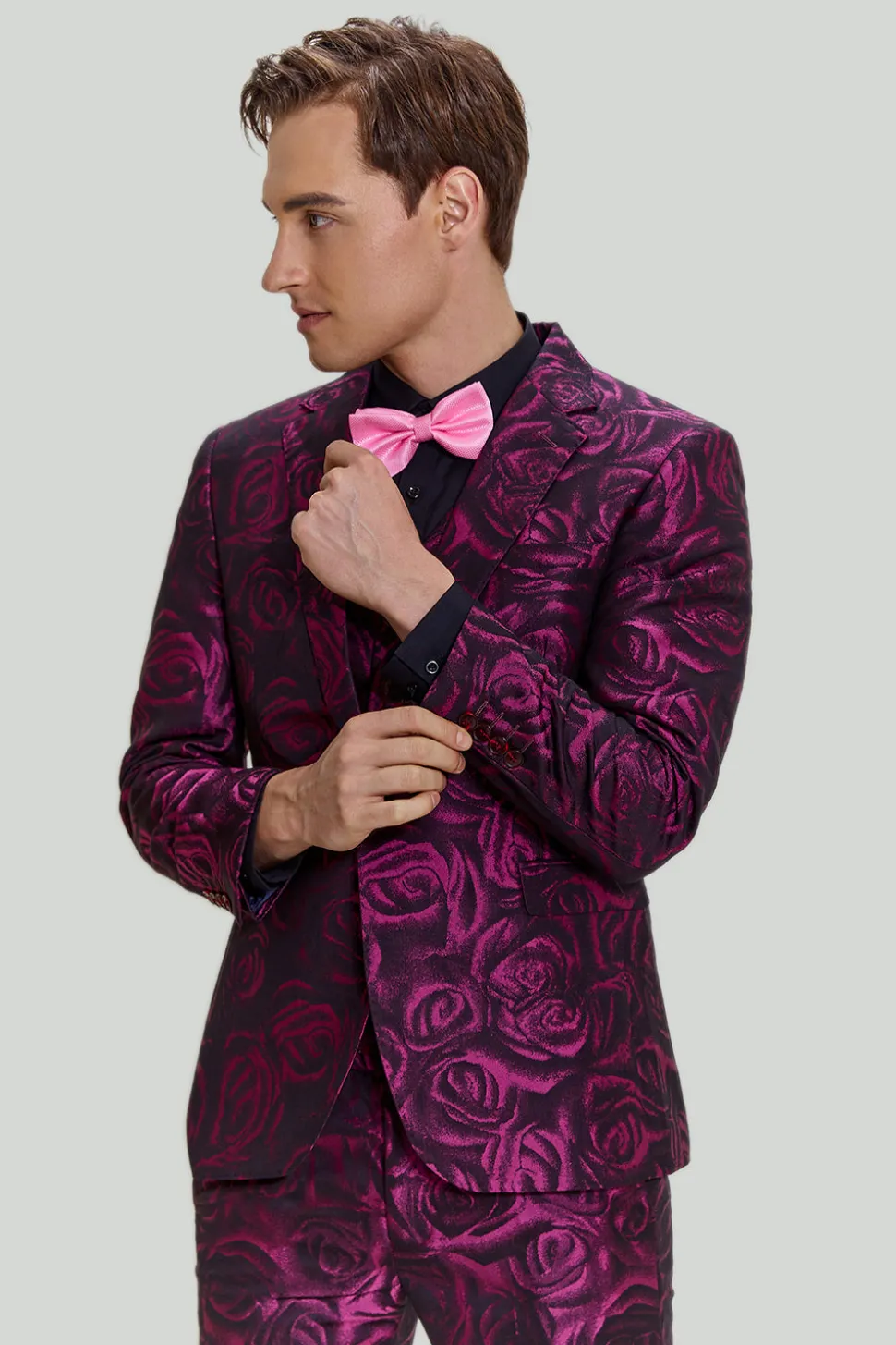 Ternos de formatura masculinos jacquard fúcsia floral 3 peças