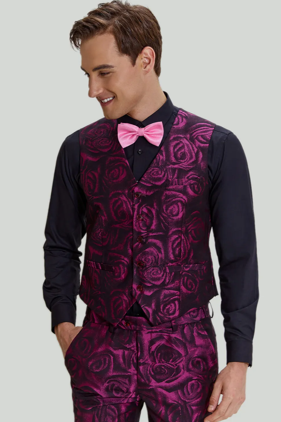 Ternos de formatura masculinos jacquard fúcsia floral 3 peças