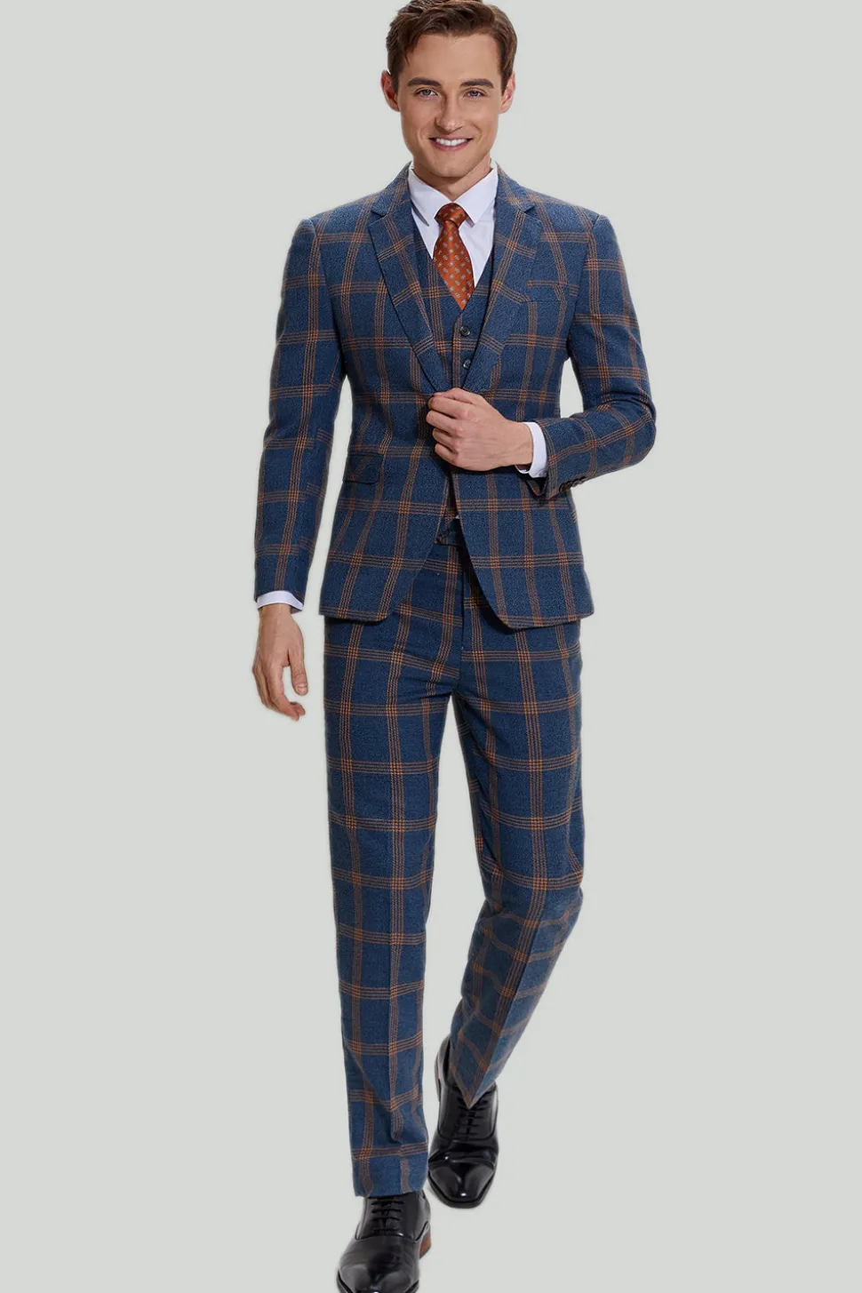 Ternos de formatura masculinos cinza azul 3 peças xadrez entalhado com lapela