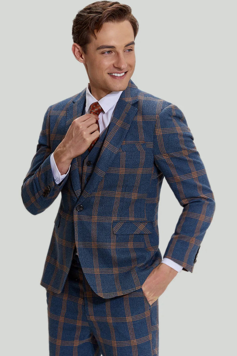 Ternos de formatura masculinos cinza azul 3 peças xadrez entalhado com lapela
