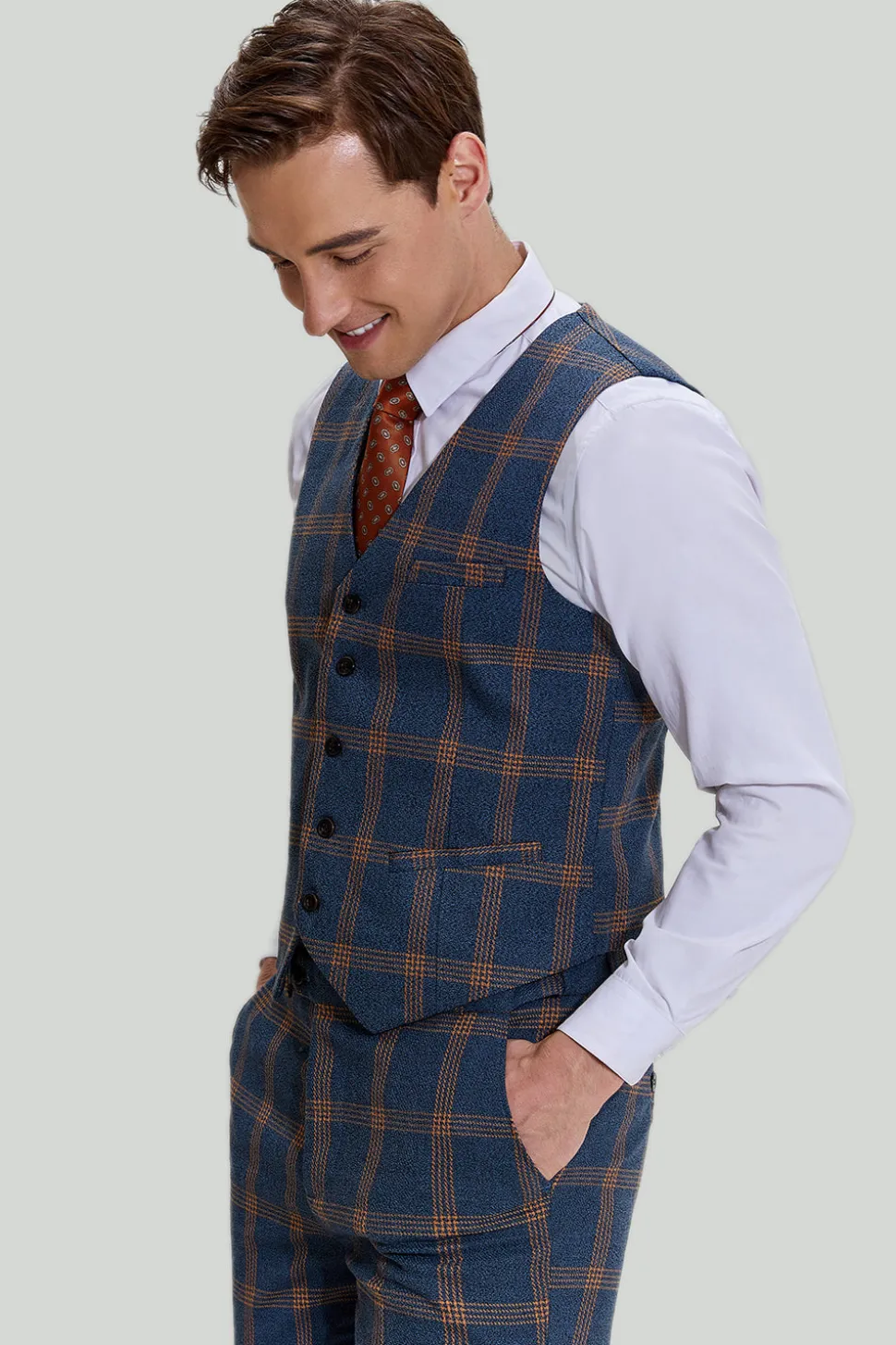 Ternos de formatura masculinos cinza azul 3 peças xadrez entalhado com lapela