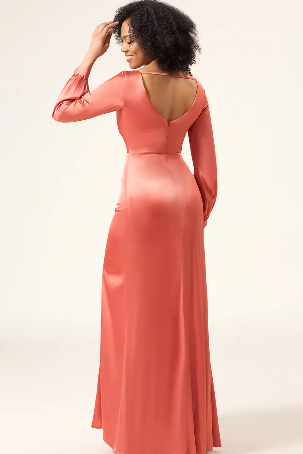Terracota A-Line V-Neck cetim vestido de dama de honra com fenda