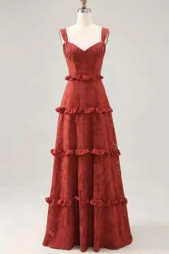 Terracota floral babado uma linha longo vestido de noiva convidado