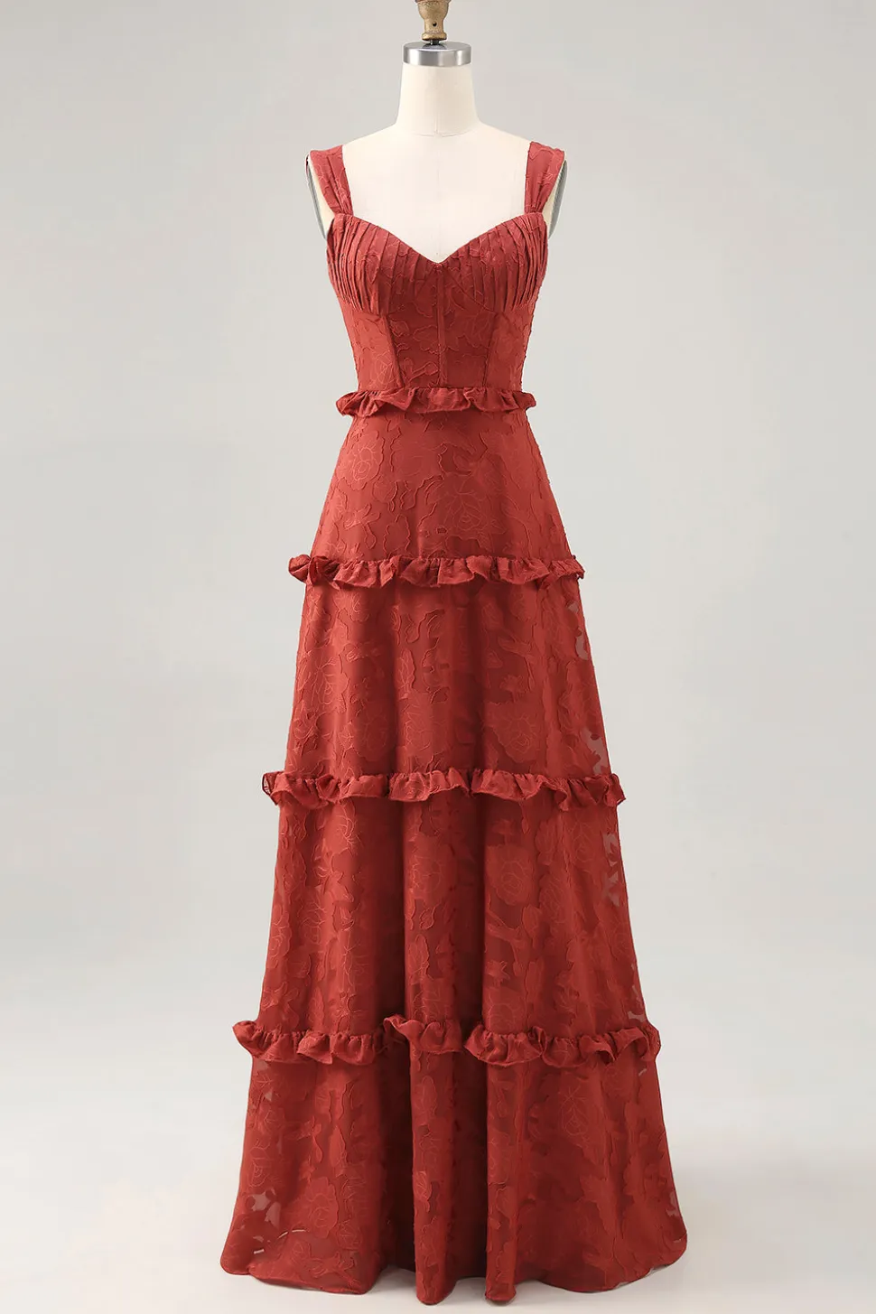 Terracota floral babado uma linha longo vestido de noiva convidado