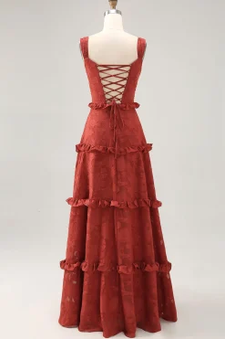 Terracota floral babado uma linha longo vestido de noiva convidado