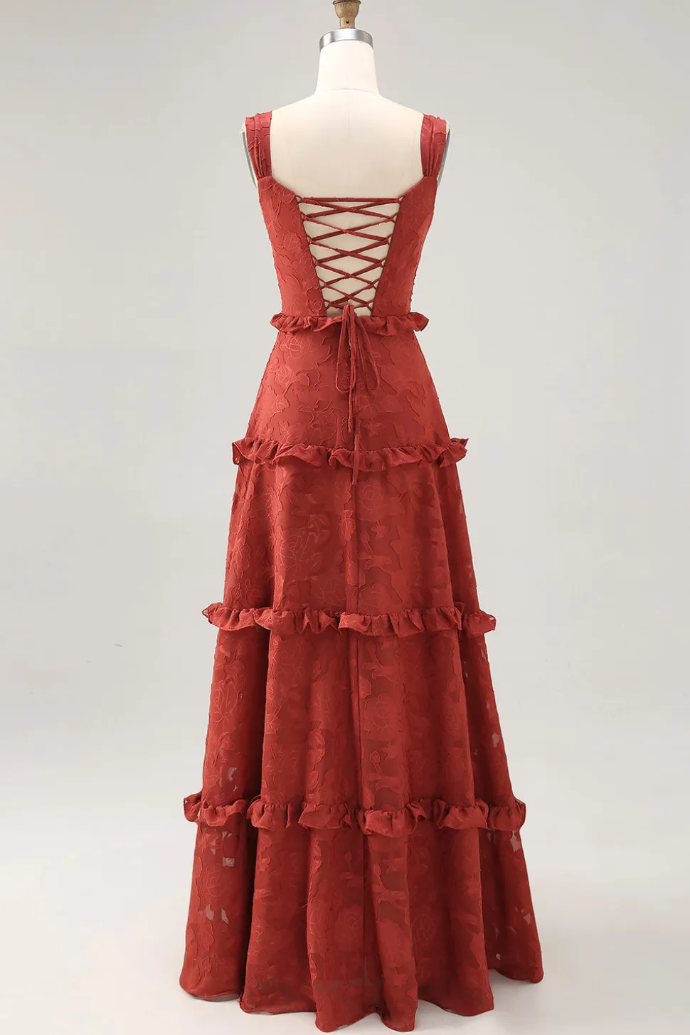Terracota floral babado uma linha longo vestido de noiva convidado