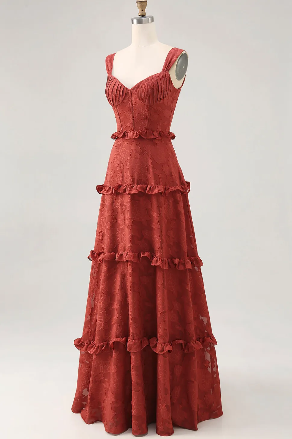 Terracota floral babado uma linha longo vestido de noiva convidado