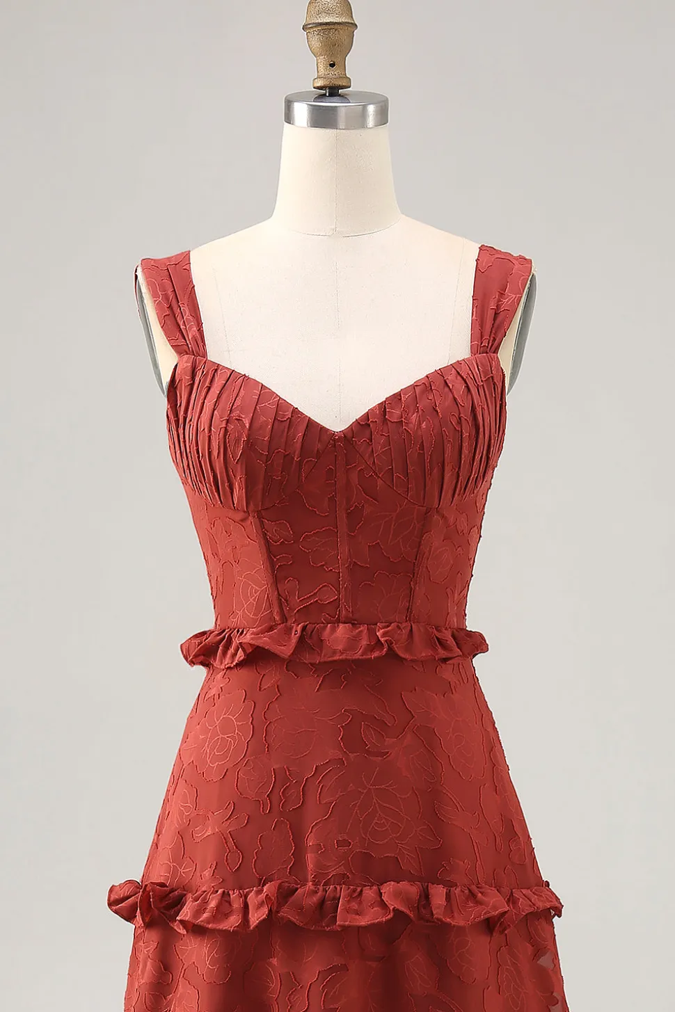 Terracota floral babado uma linha longo vestido de noiva convidado