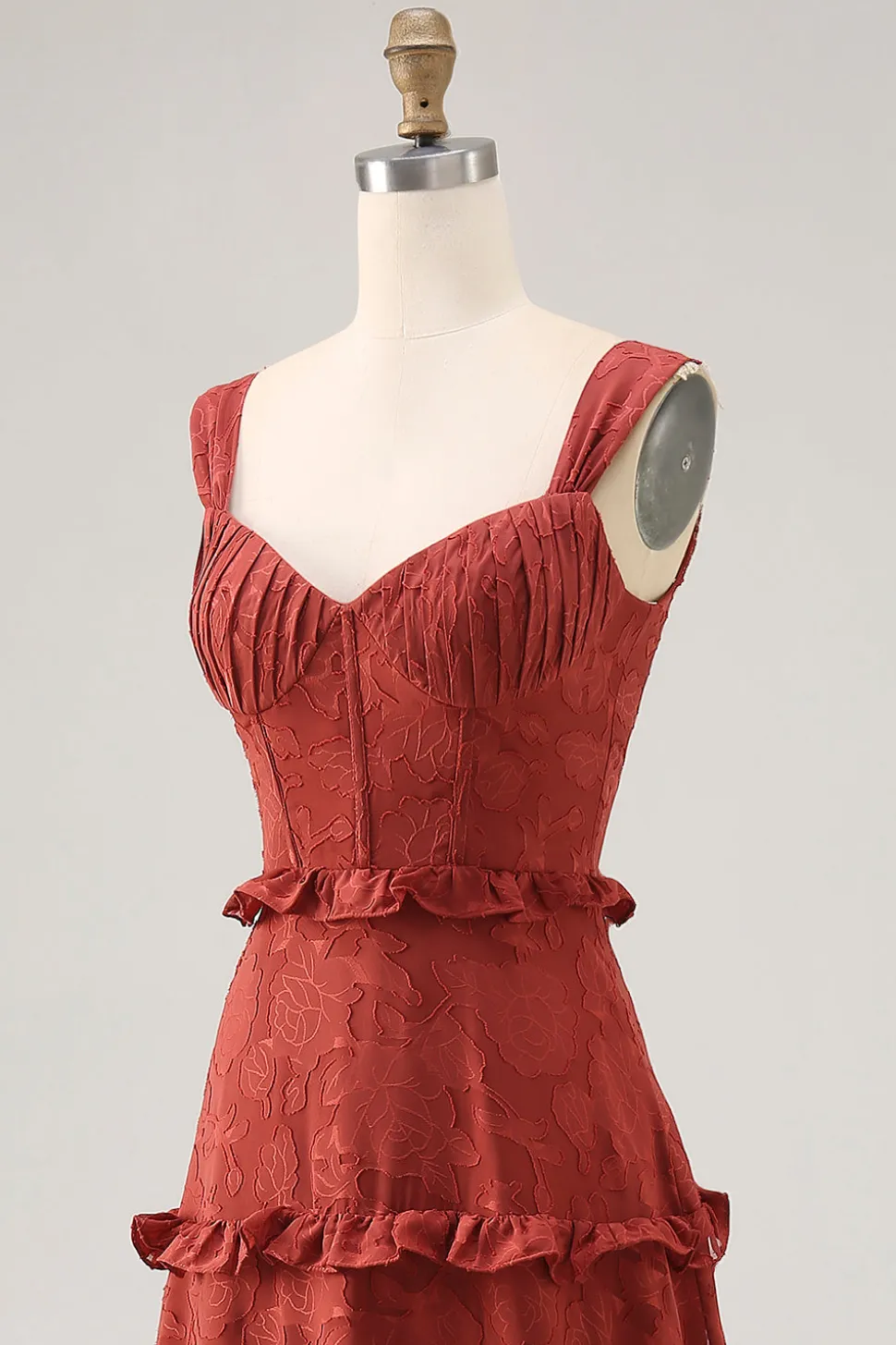 Terracota floral babado uma linha longo vestido de noiva convidado