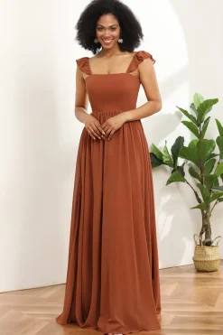Terracotta Chiffon A-Line Comprimento Comprimento Dama de Honra vestido com ruffles