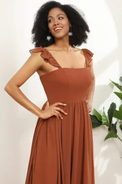 Terracotta Chiffon A-Line Comprimento Comprimento Dama de Honra vestido com ruffles