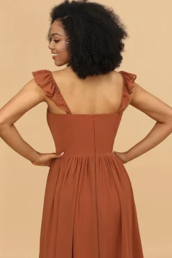 Terracotta Chiffon A-Line Comprimento Comprimento Dama de Honra vestido com ruffles