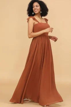 Terracotta Chiffon A-Line Comprimento Comprimento Dama de Honra vestido com ruffles
