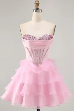 Tiered Beaded A Line Strapless Short Pink Homecoming Dress