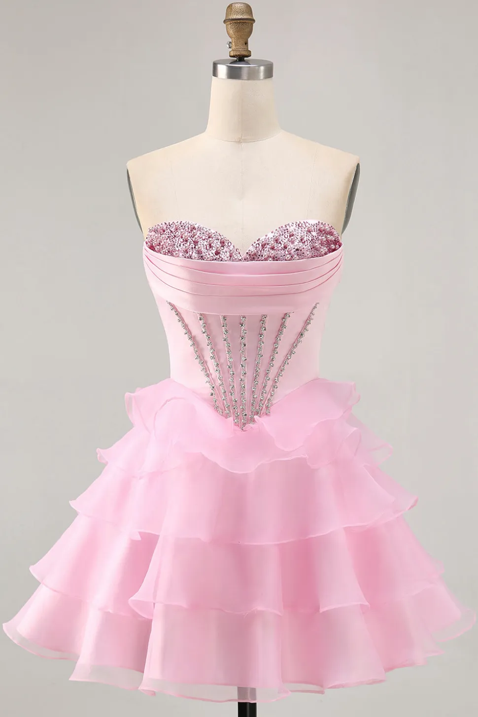 Tiered Beaded A Line Strapless Short Pink Homecoming Dress