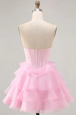 Tiered Beaded A Line Strapless Short Pink Homecoming Dress