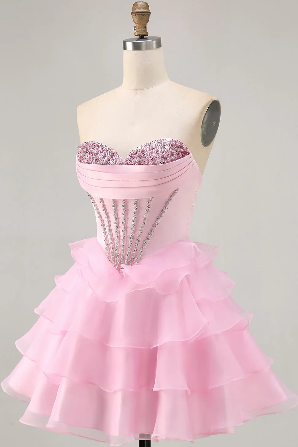 Tiered Beaded A Line Strapless Short Pink Homecoming Dress