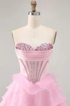 Tiered Beaded A Line Strapless Short Pink Homecoming Dress