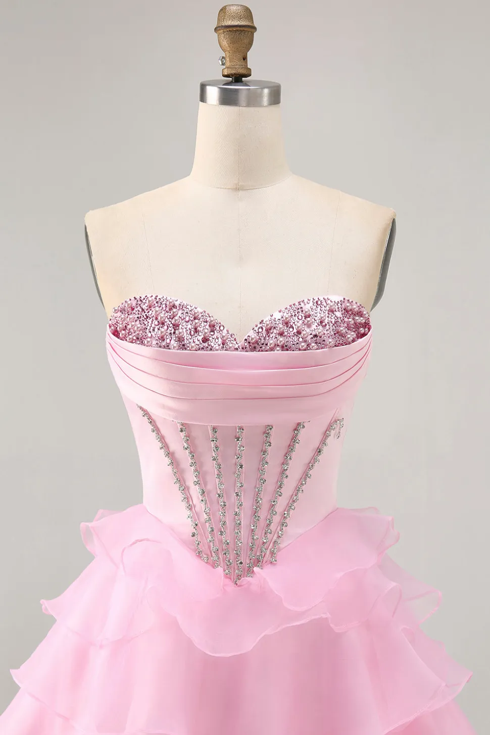 Tiered Beaded A Line Strapless Short Pink Homecoming Dress