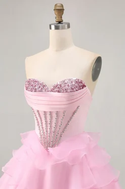 Tiered Beaded A Line Strapless Short Pink Homecoming Dress