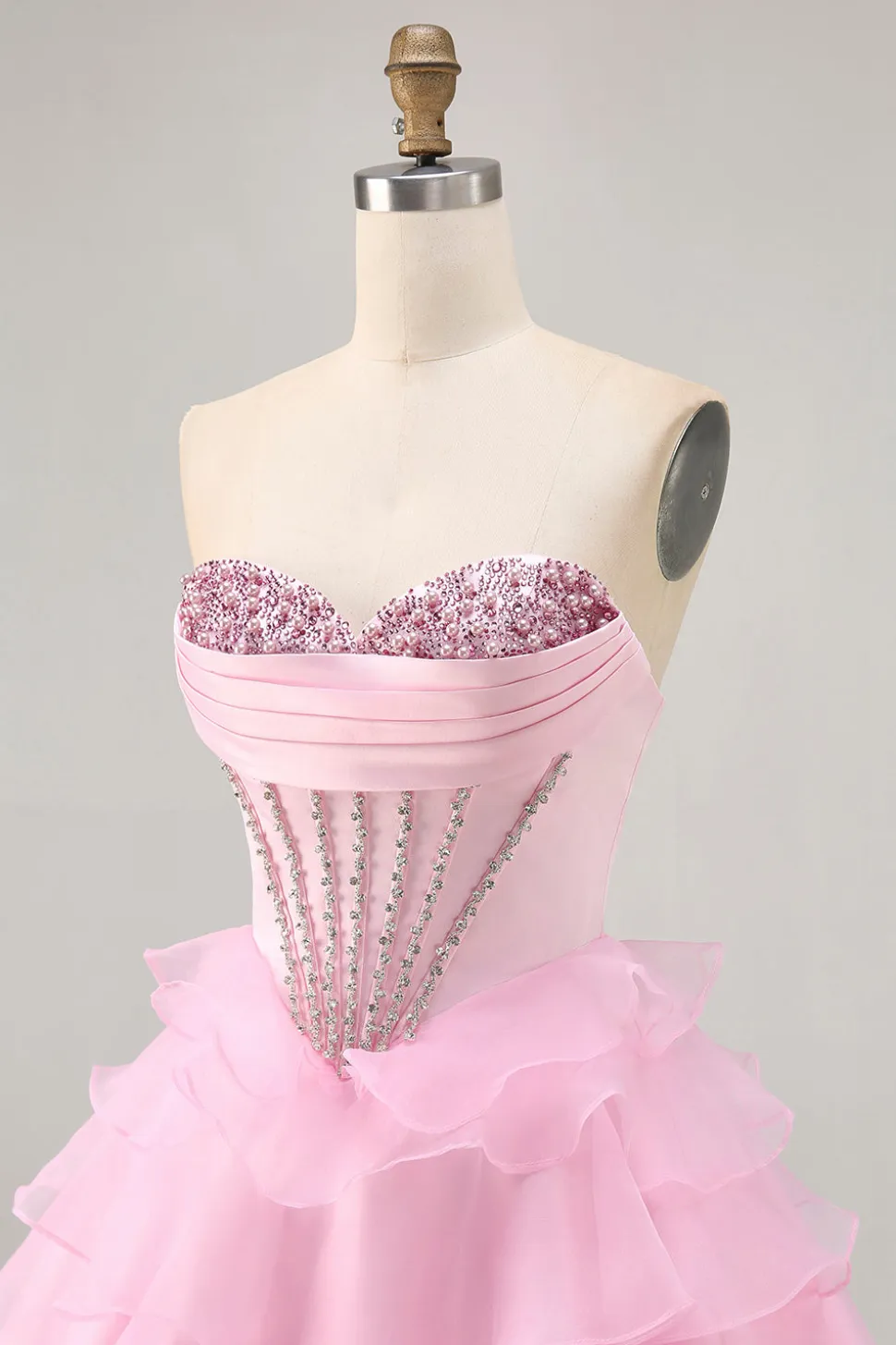 Tiered Beaded A Line Strapless Short Pink Homecoming Dress