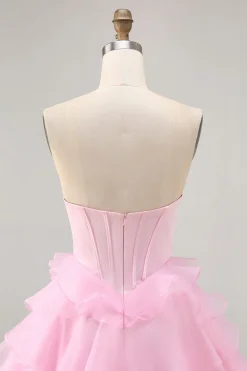 Tiered Beaded A Line Strapless Short Pink Homecoming Dress