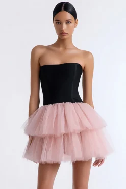 Tiered Preto e Rosa A-Line Strapless Tule Vestido Preto Pequeno