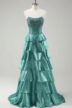 Tiered Ruffles Peacock Green Strapless Long Prom Dress com Missangas
