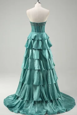 Tiered Ruffles Peacock Green Strapless Long Prom Dress com Missangas