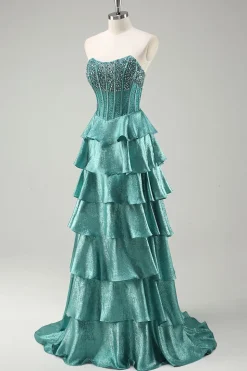 Tiered Ruffles Peacock Green Strapless Long Prom Dress com Missangas