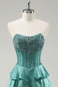 Tiered Ruffles Peacock Green Strapless Long Prom Dress com Missangas