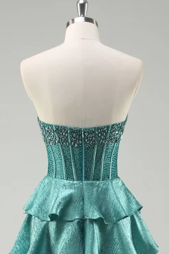 Tiered Ruffles Peacock Green Strapless Long Prom Dress com Missangas