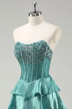 Tiered Ruffles Peacock Green Strapless Long Prom Dress com Missangas