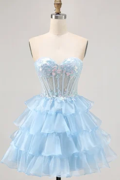 Tiered Sequin Blue Strapless Corset Homecoming Vestido
