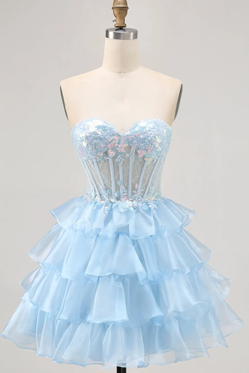 Tiered Sequin Blue Strapless Corset Homecoming Vestido