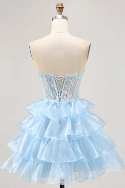 Tiered Sequin Blue Strapless Corset Homecoming Vestido